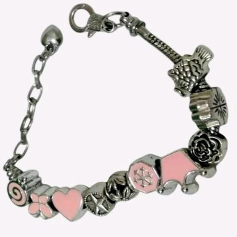 Handmade Silver and pink charm bracelet Butterfly Crown Candy Snowflake Flower